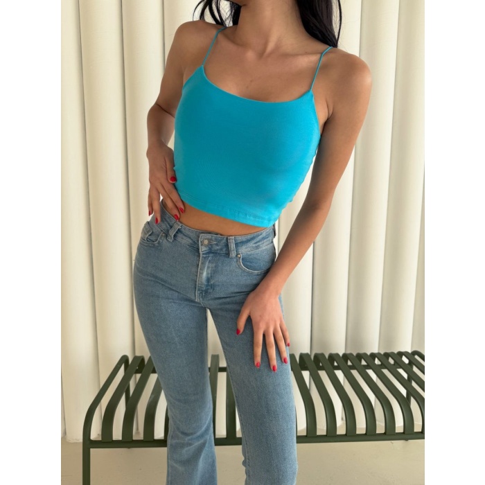 Kadın İp Askılı Kısa Crop - Mavi