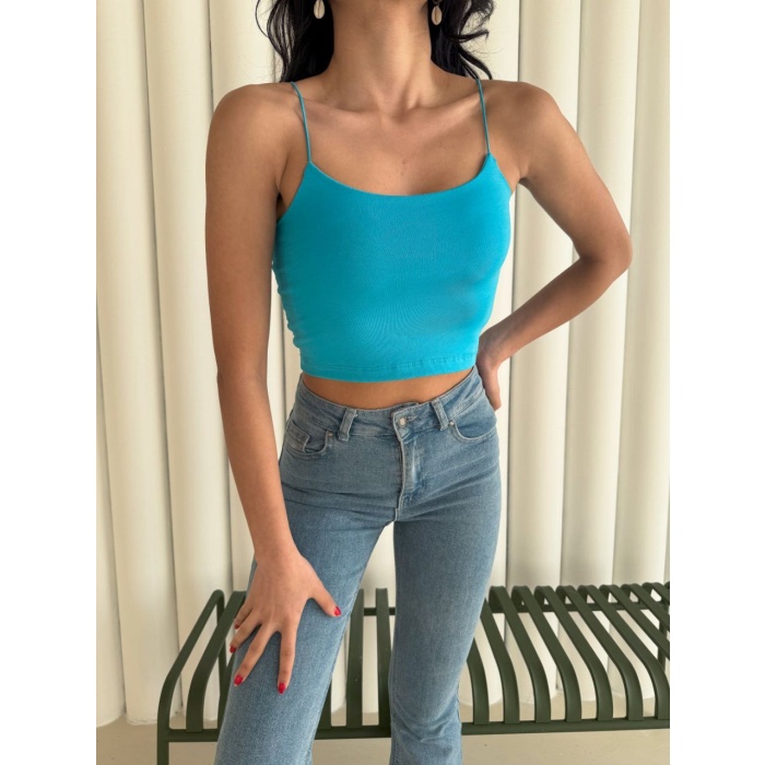 Kadın İp Askılı Kısa Crop - Mavi