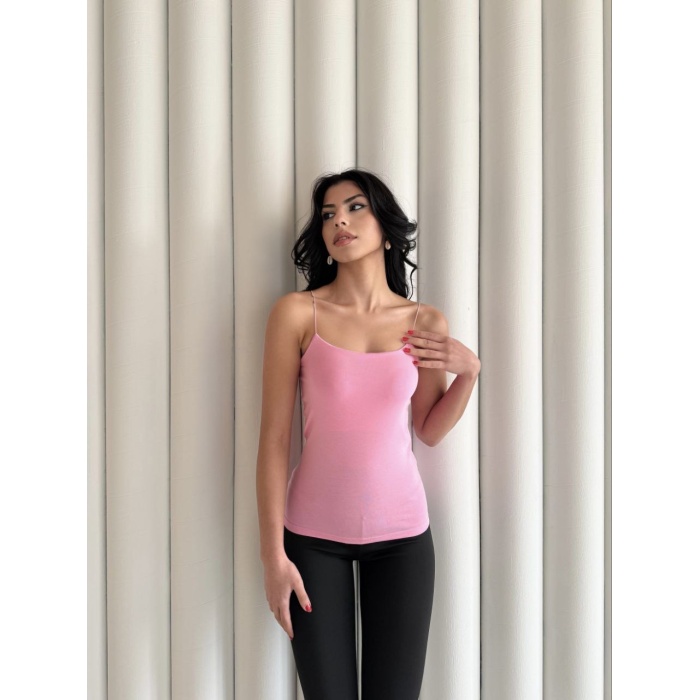 Kadın İp Askılı Uzun Crop - Pembe