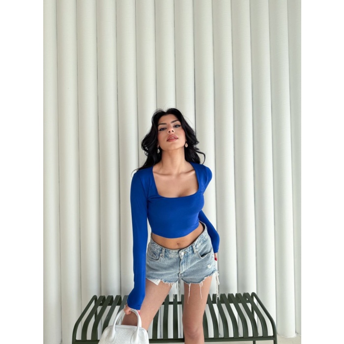 Kadın Kare Yaka Uzun Kol Bluz - Mavi