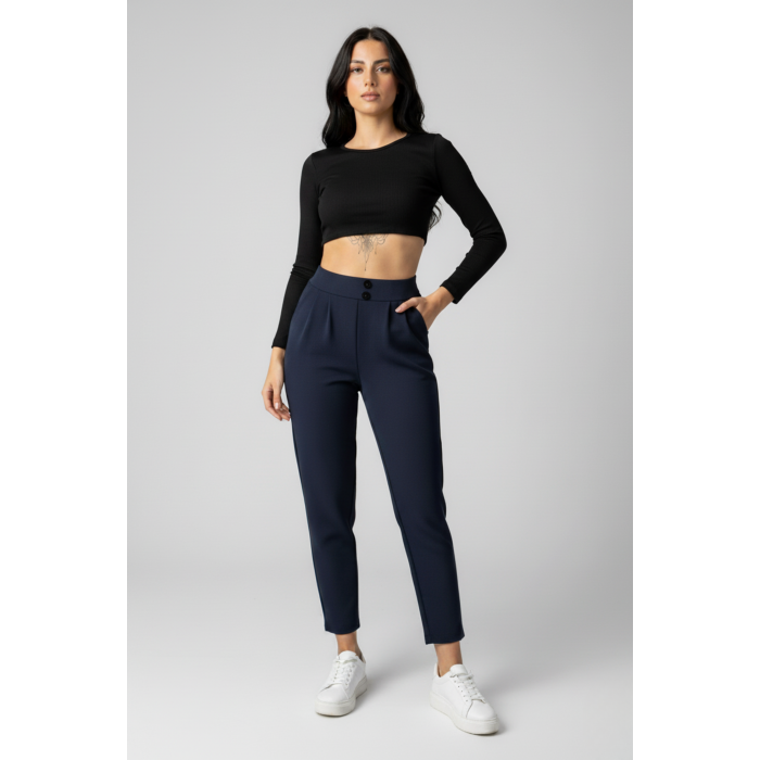 Kadın Yüksek Bel Çift Düğmeli Havuç Model Bilek Boy Krep Pantolon – Lacivert