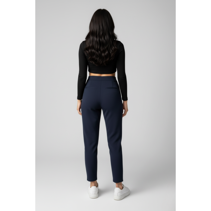 Kadın Yüksek Bel Çift Düğmeli Havuç Model Bilek Boy Krep Pantolon – Lacivert