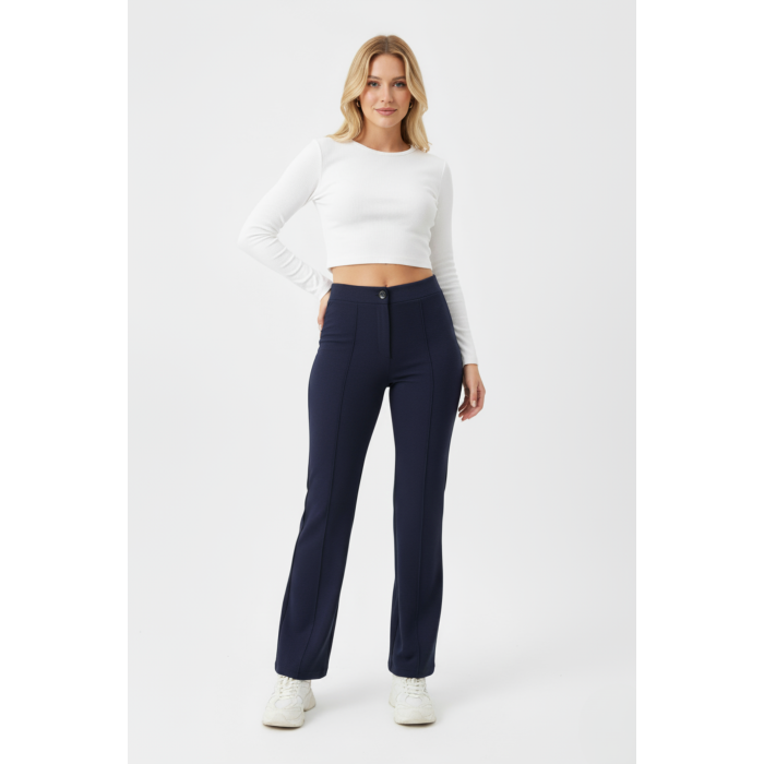 Kadın Yüksek Bel Toparlayıcı Çıma Detaylı Scuba Krep Palazzo İspanyol Paça Pantolon - Lacivert