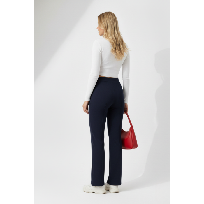 Kadın Yüksek Bel Toparlayıcı Çıma Detaylı Scuba Krep Palazzo İspanyol Paça Pantolon - Lacivert