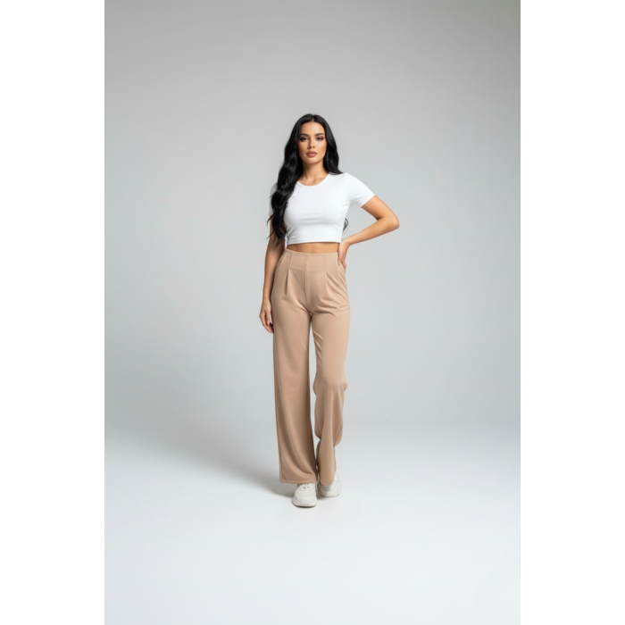 Kadın Yüksek Bel Pensli Bol Paça Krep Palazzo Pantolon – Bej