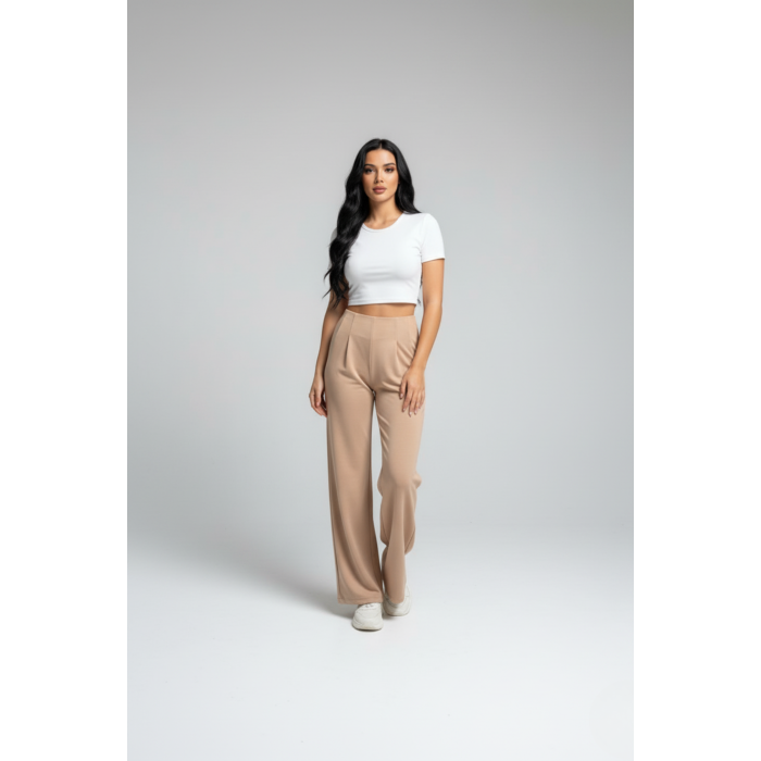 Kadın Yüksek Bel Pensli Bol Paça Krep Palazzo Pantolon – Bej