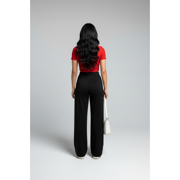 Kadın Yüksek Bel Pensli Bol Paça Krep Palazzo Pantolon – Siyah