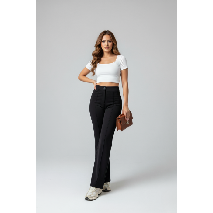 Kadın Toparlayıcı Çıma Detaylı Yüksek Bel Scuba Krep Palazzo Pantolon - Siyah