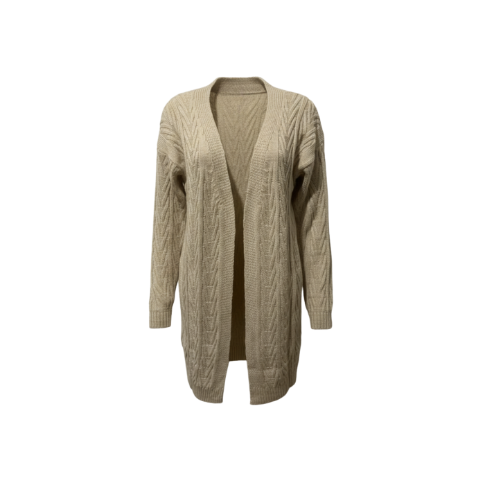 Kadın Krem Uzun Oversize Örgü Hırka – Chevron Desenli Triko