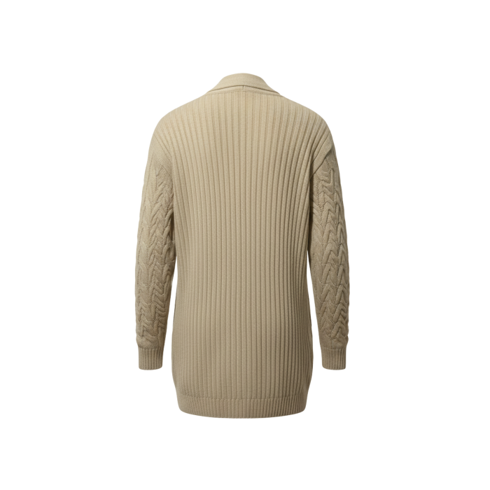 Kadın Krem Uzun Oversize Örgü Hırka – Chevron Desenli Triko