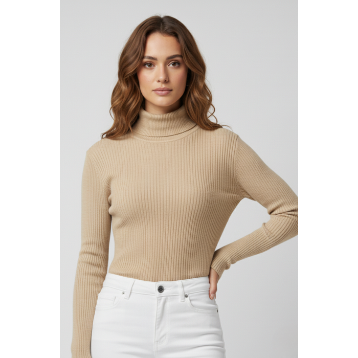 Kadın Bej Boğazlı İnce Triko Kazak