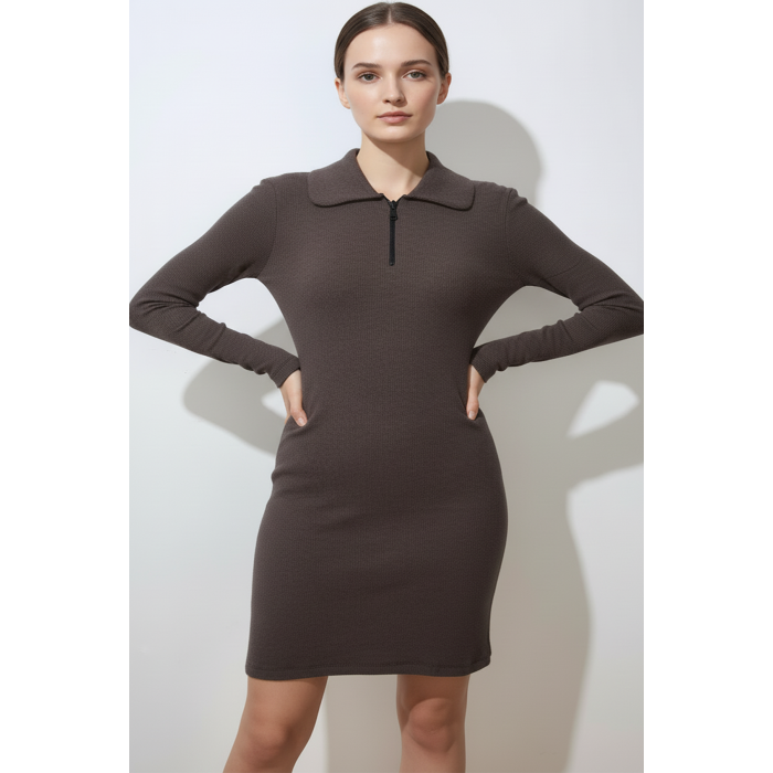 Kadın Kahverengi Önü Fermuarlı Kısa Elbise