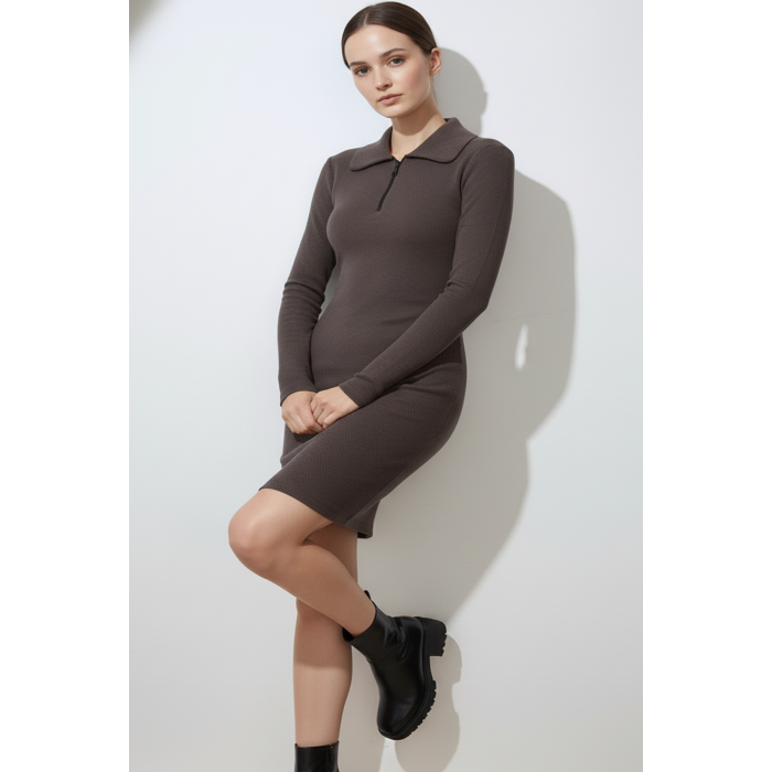 Kadın Kahverengi Önü Fermuarlı Kısa Elbise