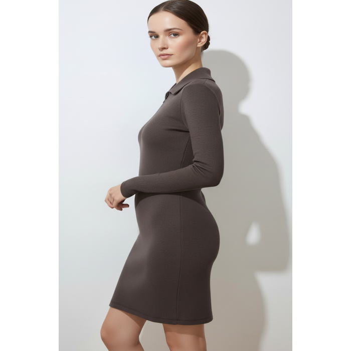 Kadın Kahverengi Önü Fermuarlı Kısa Elbise
