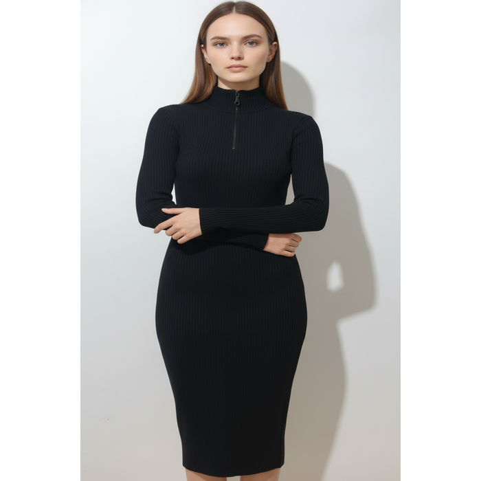 Kadın Fermuarlı Siyah Uzun Elbise