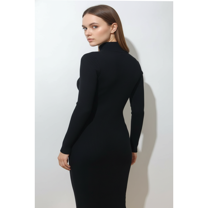 Kadın Fermuarlı Siyah Uzun Elbise