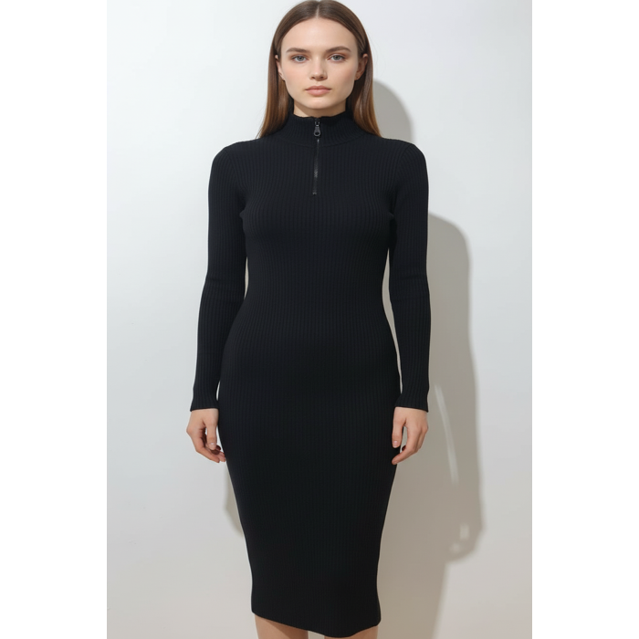 Kadın Fermuarlı Siyah Uzun Elbise