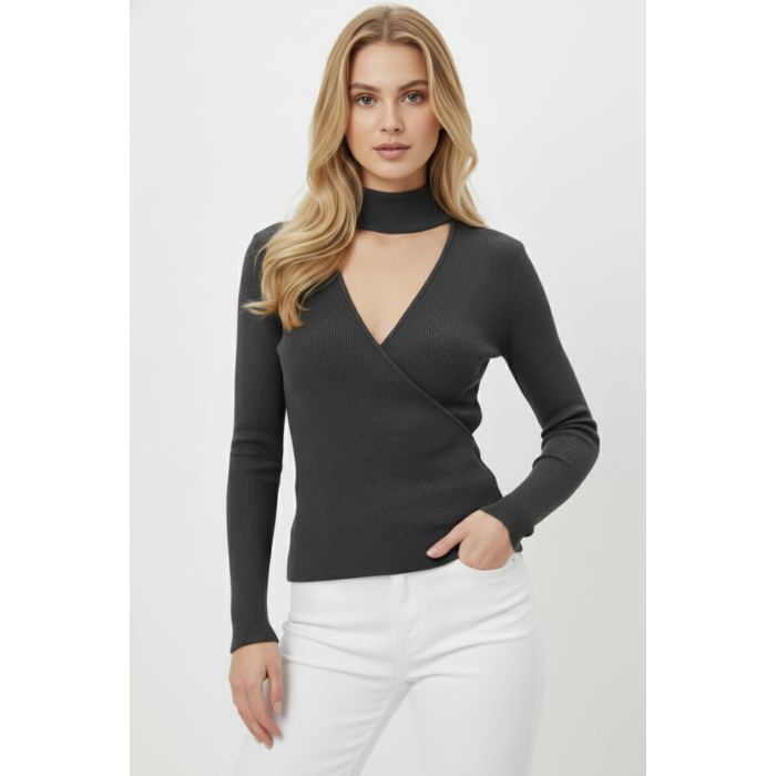 Kadın Boğazlı Pencere Detaylı Gri Triko Kazak