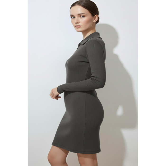 Kadın Fermuarlı Polo Yaka Gri Elbise