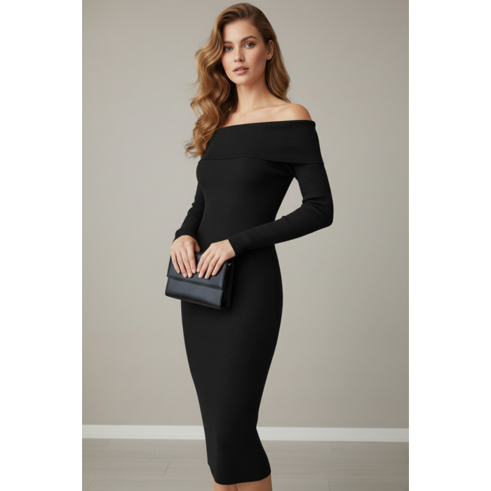 Kadın Siyah Madonna Yaka Uzun Elbise