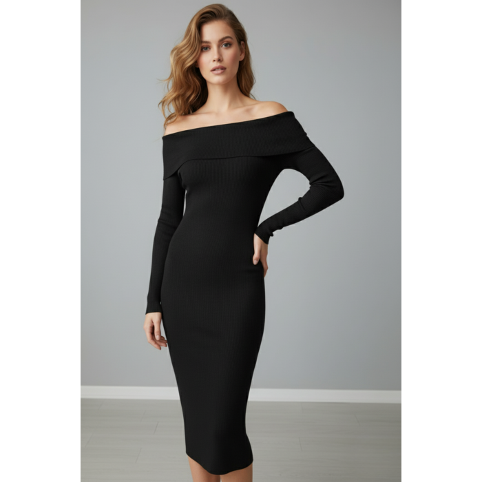 Kadın Siyah Madonna Yaka Uzun Elbise