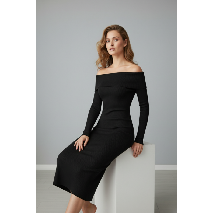 Kadın Siyah Madonna Yaka Uzun Elbise