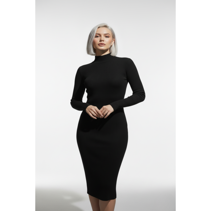 Kadın Balıkçı Yaka Siyah Uzun Elbise