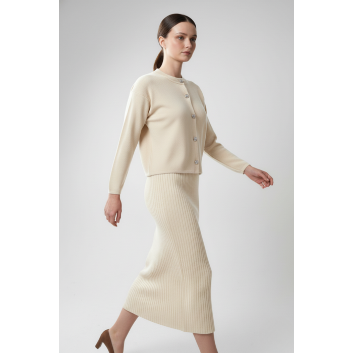 Kadın Hırka Elbise İkili Takım - Krem