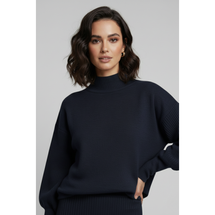 Triko Lacivert Kazak ve Fitilli Elbise İkili Takım