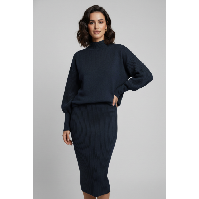 Triko Lacivert Kazak ve Fitilli Elbise İkili Takım