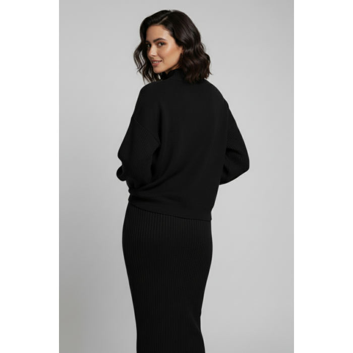 Triko Siyah Kazak ve Fitilli Elbise İkili Takım