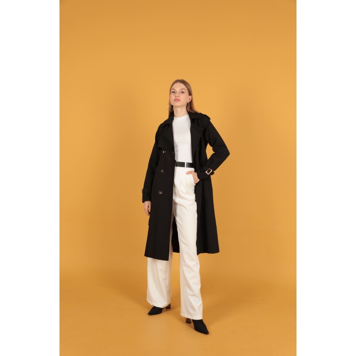 Tokalı kadın Siyah Trençkot