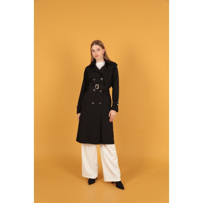 Tokalı kadın Siyah Trençkot