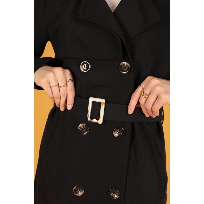 Tokalı kadın Siyah Trençkot