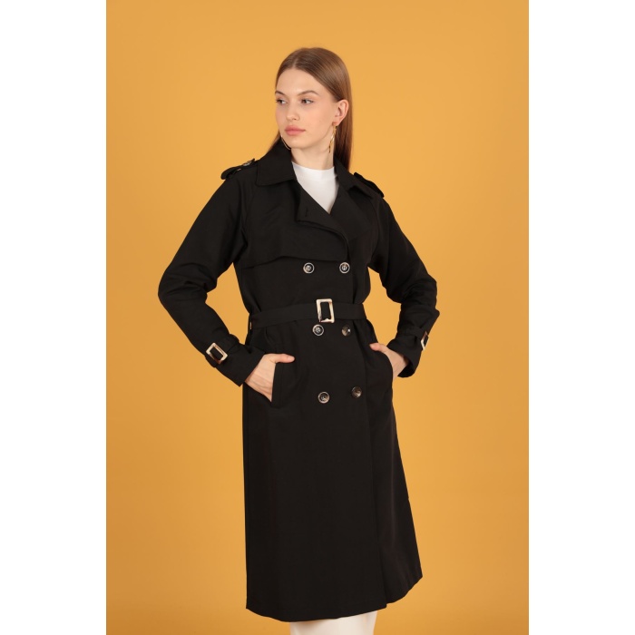 Tokalı kadın Siyah Trençkot