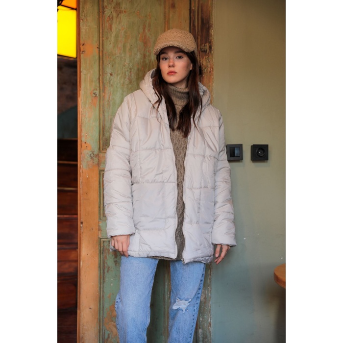 Kapitone Kumaş Fermuarlı Oversize Salaş Kadın Mont