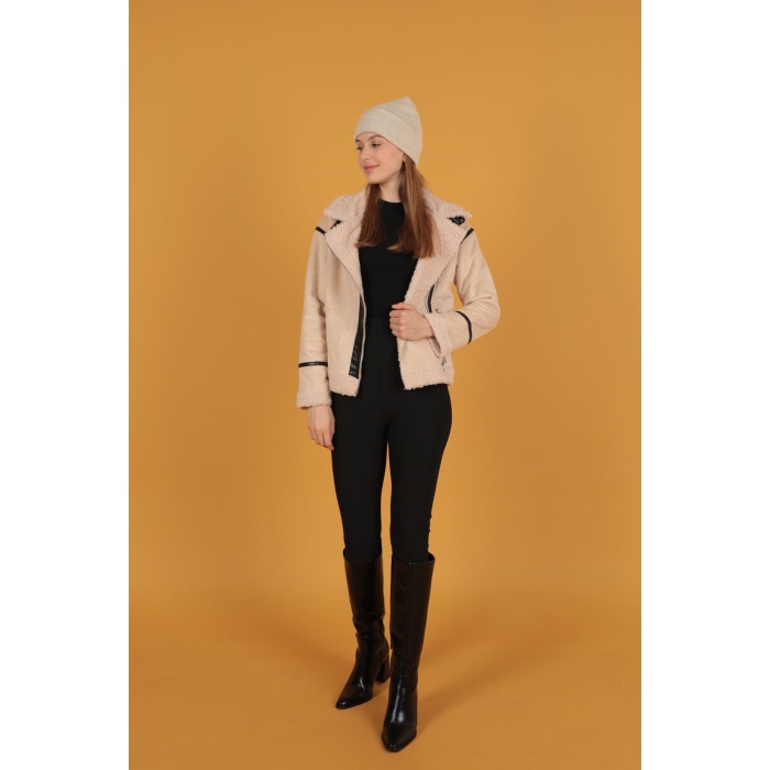 Süet Kıvırcık Kumaş Motorcu Taş Rengi Mont