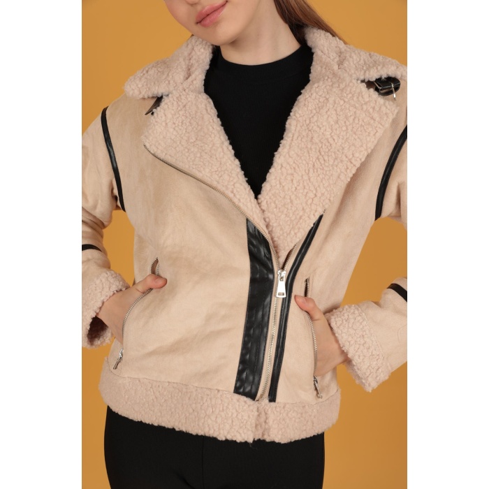 Süet Kıvırcık Kumaş Motorcu Taş Rengi Mont