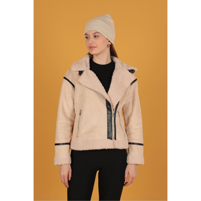 Süet Kıvırcık Kumaş Motorcu Taş Rengi Mont