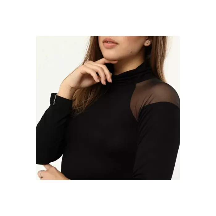 Kadın Siyah Omuzlar Tüllü Boğazlı Bluz