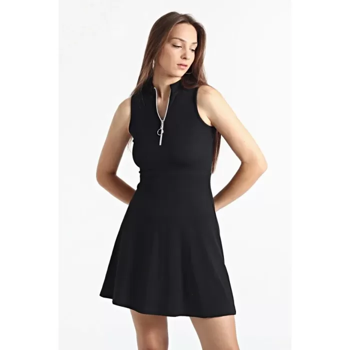 Kadın Siyah Yaka Fermuarlı Kolsuz Kaşkorse Elbise