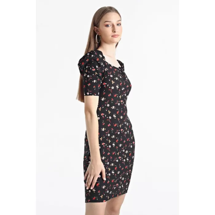 Kadın Siyah Balon Kol Kare Yaka Elbise