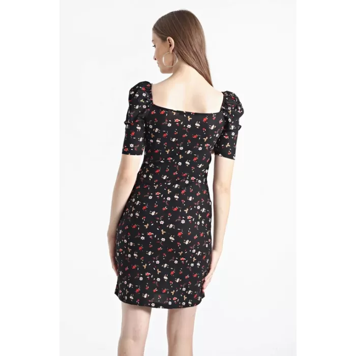 Kadın Siyah Balon Kol Kare Yaka Elbise