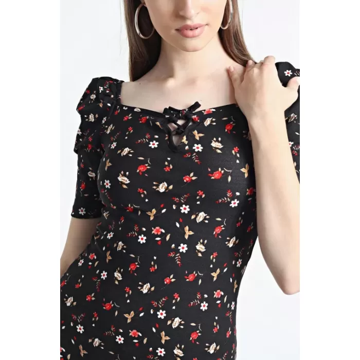 Kadın Siyah Balon Kol Kare Yaka Elbise