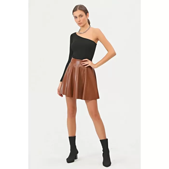 Kadın Mini Kloş Taba Renkli Suni Deri Etek