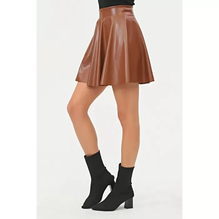 Kadın Mini Kloş Taba Renkli Suni Deri Etek