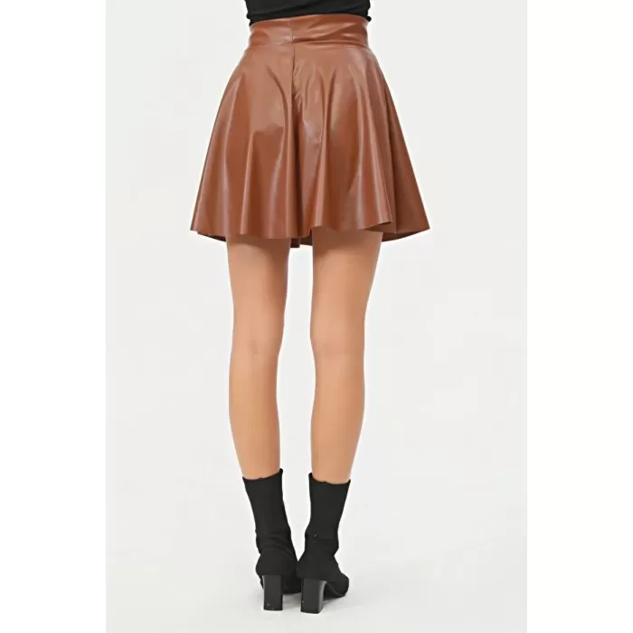 Kadın Mini Kloş Taba Renkli Suni Deri Etek