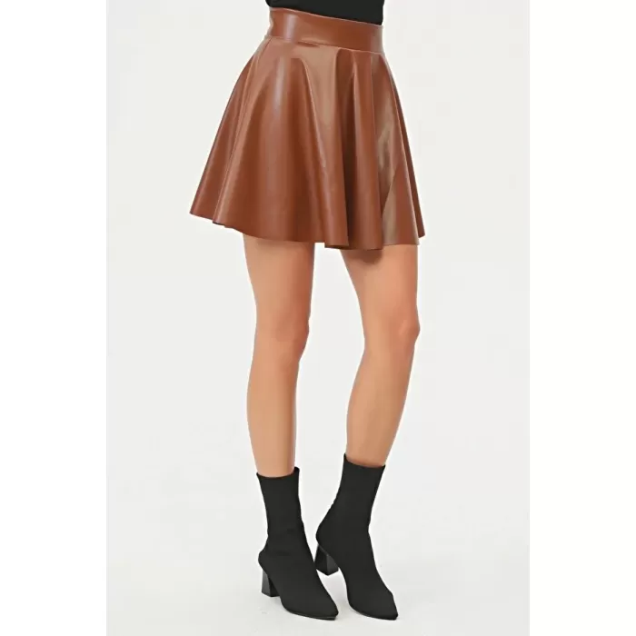 Kadın Mini Kloş Taba Renkli Suni Deri Etek