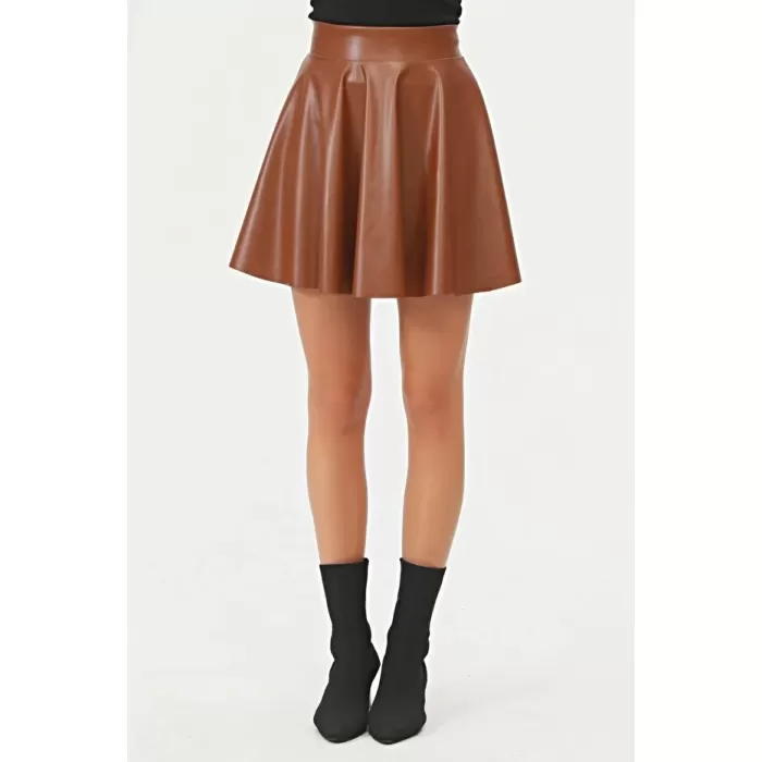 Kadın Mini Kloş Taba Renkli Suni Deri Etek