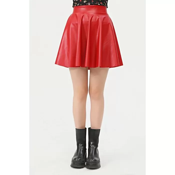 Kadın Mini Kloş Kırmızı Renkli Suni Deri Etek